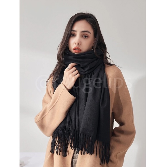 Black Wide Shawl Scarf With Tassels - Picture 2 of 6